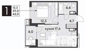 1-к квартира, строящийся дом, 43м2, 10/18 этаж