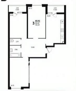 3-к квартира, вторичка, 86м2, 9/22 этаж