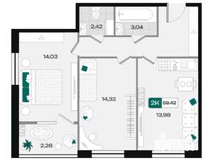 2-к квартира, вторичка, 59м2, 3/18 этаж