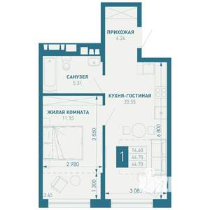 1-к квартира, строящийся дом, 45м2, 9/18 этаж