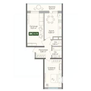 2-к квартира, вторичка, 55м2, 5/10 этаж