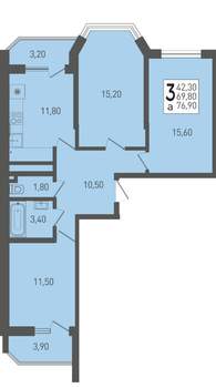 3-к квартира, строящийся дом, 77м2, 20/22 этаж