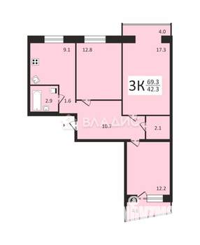 3-к квартира, вторичка, 69м2, 2/10 этаж