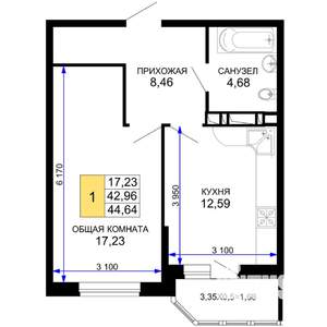 1-к квартира, вторичка, 45м2, 9/19 этаж