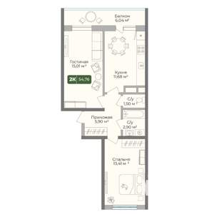 2-к квартира, вторичка, 55м2, 2/10 этаж