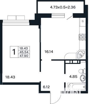 1-к квартира, вторичка, 48м2, 5/12 этаж