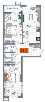 2-к квартира, сданный дом, 68м2, 2/16 этаж