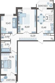 3-к квартира, строящийся дом, 79м2, 7/23 этаж