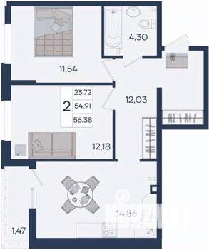 2-к квартира, вторичка, 56м2, 2/18 этаж