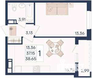1-к квартира, вторичка, 39м2, 10/18 этаж