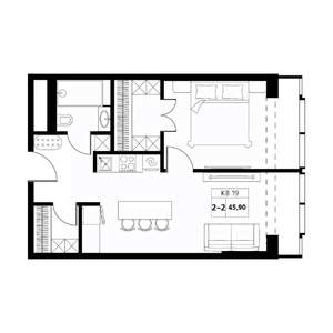 2-к квартира, строящийся дом, 46м2, 12/19 этаж