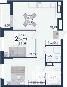 2-к квартира, вторичка, 55м2, 6/18 этаж