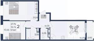 2-к квартира, вторичка, 58м2, 7/18 этаж