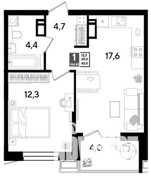 1-к квартира, строящийся дом, 43м2, 18/18 этаж