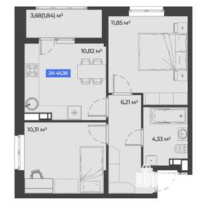 2-к квартира, строящийся дом, 45м2, 4/5 этаж