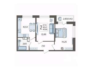 2-к квартира, вторичка, 50м2, 19/19 этаж