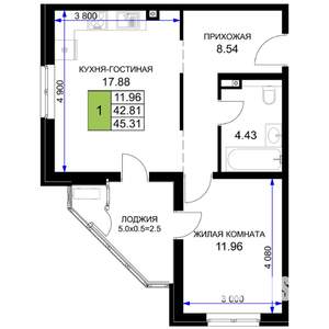 1-к квартира, вторичка, 45м2, 2/16 этаж