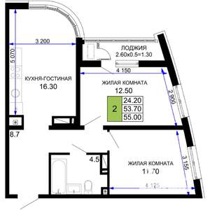 2-к квартира, вторичка, 55м2, 7/18 этаж
