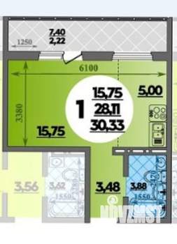 1-к квартира, вторичка, 30м2, 6/16 этаж