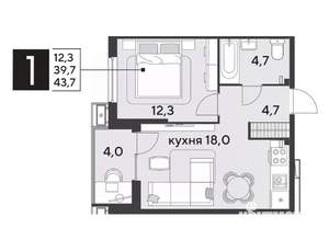 1-к квартира, строящийся дом, 44м2, 2/18 этаж