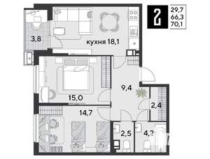 2-к квартира, строящийся дом, 70м2, 4/9 этаж