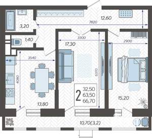 2-к квартира, строящийся дом, 68м2, 4/12 этаж