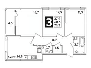 3-к квартира, вторичка, 73м2, 8/16 этаж