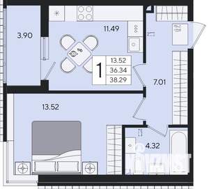 1-к квартира, вторичка, 38м2, 2/8 этаж