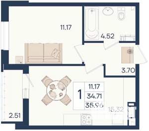 1-к квартира, вторичка, 36м2, 6/18 этаж