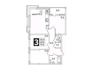 3-к квартира, вторичка, 73м2, 12/16 этаж