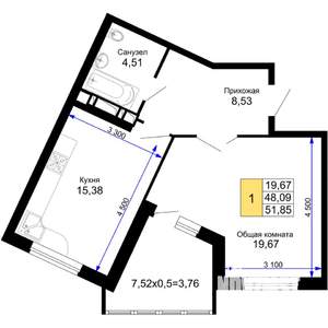 1-к квартира, вторичка, 52м2, 15/15 этаж
