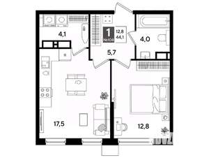 1-к квартира, вторичка, 44м2, 13/19 этаж