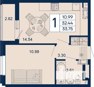 1-к квартира, вторичка, 34м2, 11/18 этаж