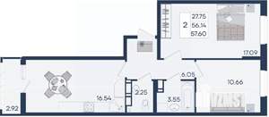 2-к квартира, вторичка, 58м2, 5/18 этаж