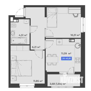 2-к квартира, вторичка, 46м2, 1/5 этаж