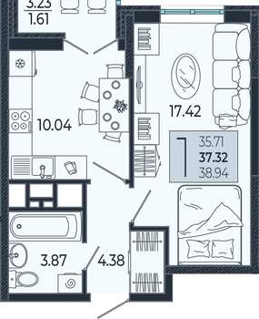 1-к квартира, вторичка, 37м2, 8/21 этаж