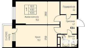 1-к квартира, вторичка, 43м2, 2/3 этаж