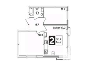 2-к квартира, вторичка, 59м2, 14/16 этаж