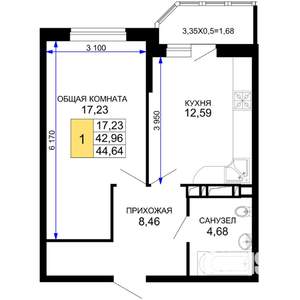 1-к квартира, вторичка, 45м2, 2/19 этаж