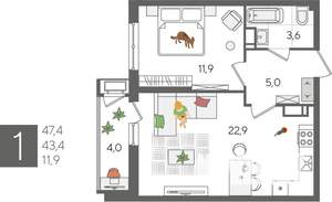 1-к квартира, вторичка, 47м2, 24/24 этаж