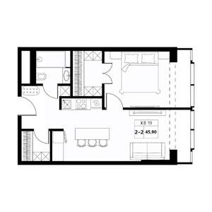 2-к квартира, строящийся дом, 46м2, 14/19 этаж