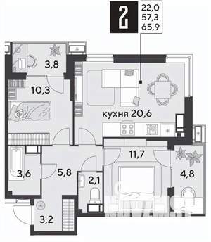 2-к квартира, строящийся дом, 66м2, 15/18 этаж