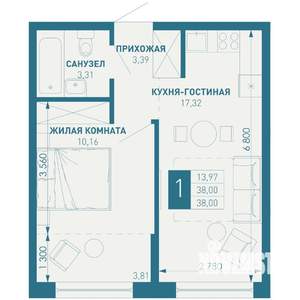 1-к квартира, строящийся дом, 38м2, 13/18 этаж