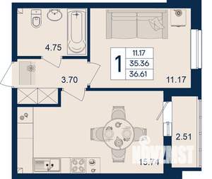 1-к квартира, вторичка, 37м2, 2/18 этаж