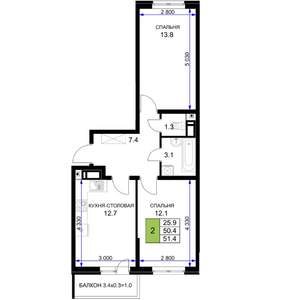 2-к квартира, строящийся дом, 51м2, 4/16 этаж