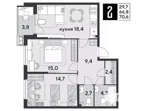 2-к квартира, строящийся дом, 70м2, 7/9 этаж