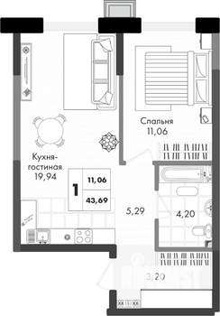 1-к квартира, вторичка, 44м2, 8/9 этаж