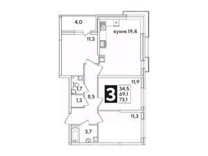 3-к квартира, вторичка, 73м2, 6/16 этаж