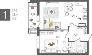 1-к квартира, вторичка, 47м2, 19/24 этаж