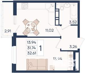 1-к квартира, вторичка, 33м2, 13/18 этаж